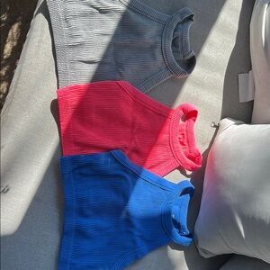 Ribbed Sleeveless Tops in Gray, Pink, and Blue